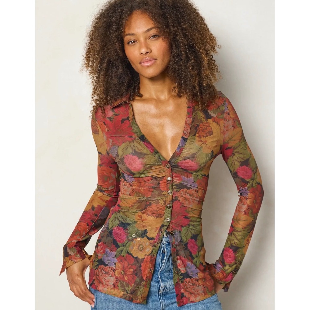 NEW Natural Life Carina Mesh Top Womens Small Multicolor Floral Boho Dark Fairy
